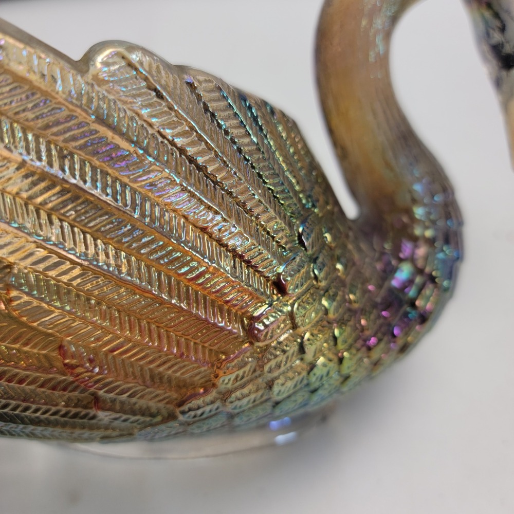 Imperial Glass Smoke Carnival Glass Swan Dish Figurine Iridescent IG Mark - Picture 7 of 15